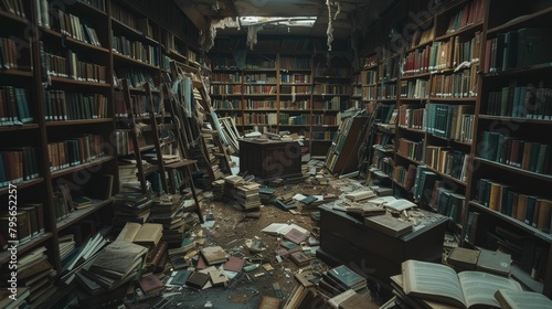 Photograph of a dimly lit library with books strewn about, capturing the chaos and mystery of a sudden abandonment.
