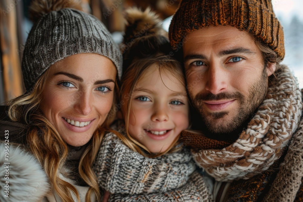 A loving family in winter wear shares a warm glance, exuding togetherness and affection amid the cold