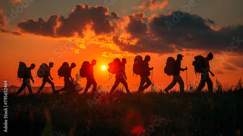 2. Fleeing Home: Silhouettes of refugees trek across rugged terrain, their figures illuminated by the harsh glow of a setting sun, as they flee violence and persecution in search o photo