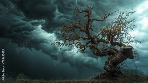 Photograph of a lone  old tree with twisted branches against a stormy sky  ideal for themes of nature s wrath and supernatural forces.