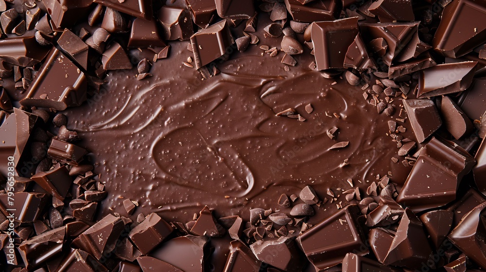 Frame made of tasty chocolate bar pieces with copy space in the center on dark background Frame made of tasty chocolate bar pieces with copy space in the center on dark background