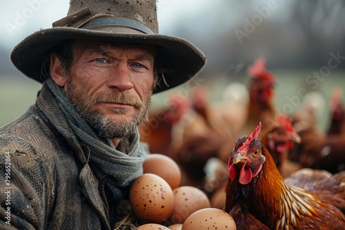 An older, weary farmer in a hat posing with chickens and farm fresh eggs in a rustic setting photo