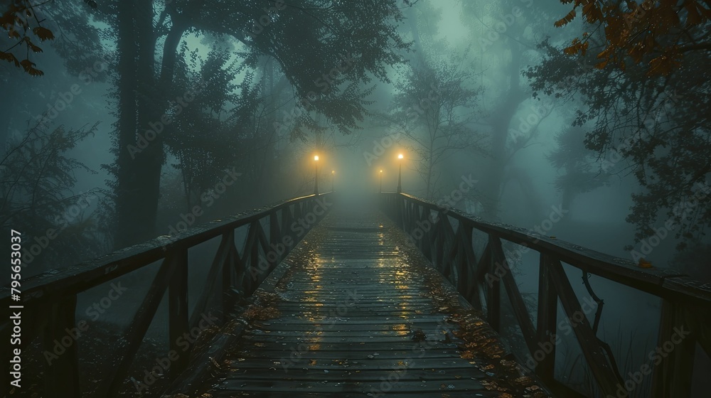 Fototapeta premium A haunting mist shrouds the eerie bridge by moonlight, beckoning an exploration into the chilling depths of the unknown.