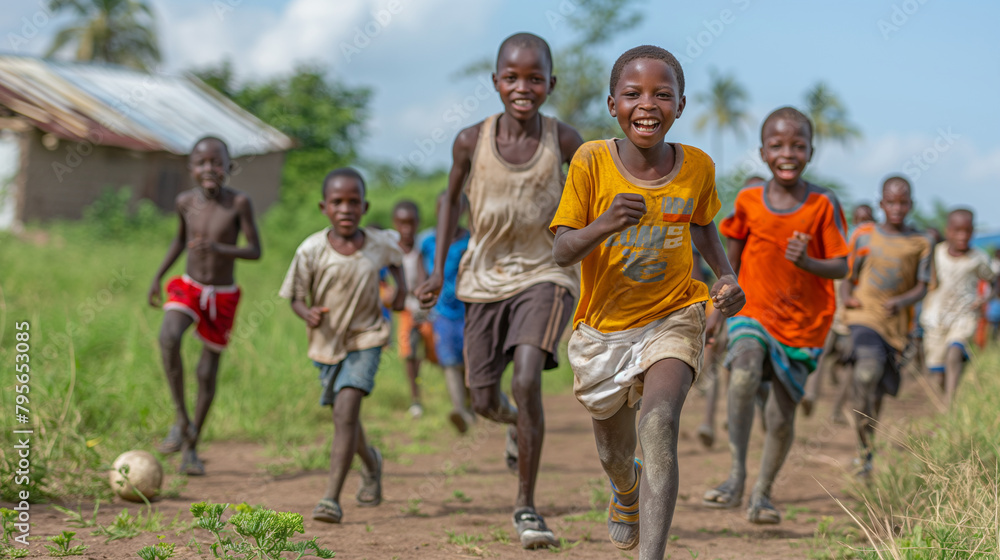 Fototapeta premium 11. Sports and Recreation: Refugee youth come together on a makeshift soccer field, their laughter and camaraderie filling the air as they engage in friendly competition and physic