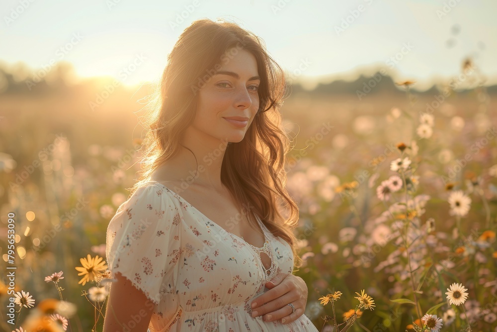 A joyful expectant mother stands in a field of wildflowers, backlit by the setting sun's warm glow A joyful expectant mother stands in a field of wildflowers, backlit by the setting sun's warm glow