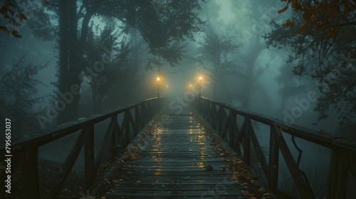A haunting mist shrouds the eerie bridge by moonlight, beckoning an exploration into the chilling depths of the unknown.
