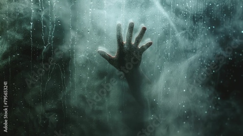 A chilling image capturing a mysterious hand against foggy glass sets the eerie tone for entrapment and liberation in horror scenes. photo