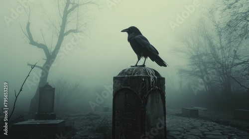 Silhouette of a crow perched on a tombstone in dense fog, minimalistic photo perfect for themes of death and omens. photo