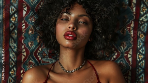Exotic Beauty with Curly Hair and Red Lips Against Patterned Background © Oksana Smyshliaeva