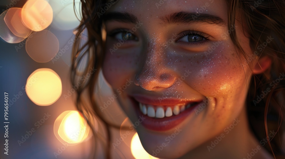 Radiant Young Woman Smiling with Gleaming Bokeh Lights Background Radiant Young Woman Smiling with Gleaming Bokeh Lights Background