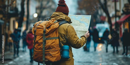 A tourist with a large backpack holds a map in his hands and is looking for a way. photo