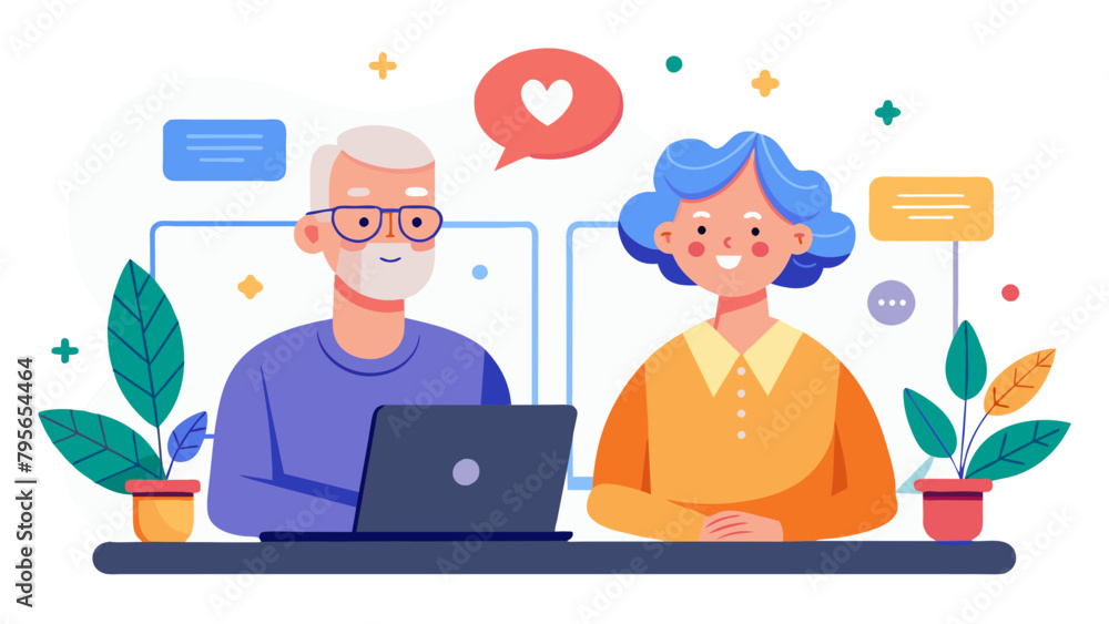 woman couple senior man happy internet love laptop call video communication online together mature active elderly retirement computer connection two, simplistic flat vector illustration, isolated