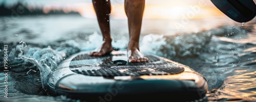 A close up of the legs in paddle board on the sea, feeling free.