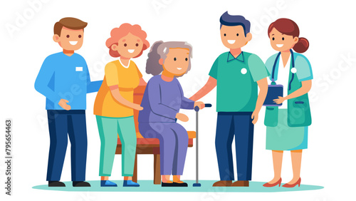 nurse doctor senior couple care caregiver help assistence retirement home nursing elderly man woman insurance clinic, simplistic flat vector illustration, white background, isolated