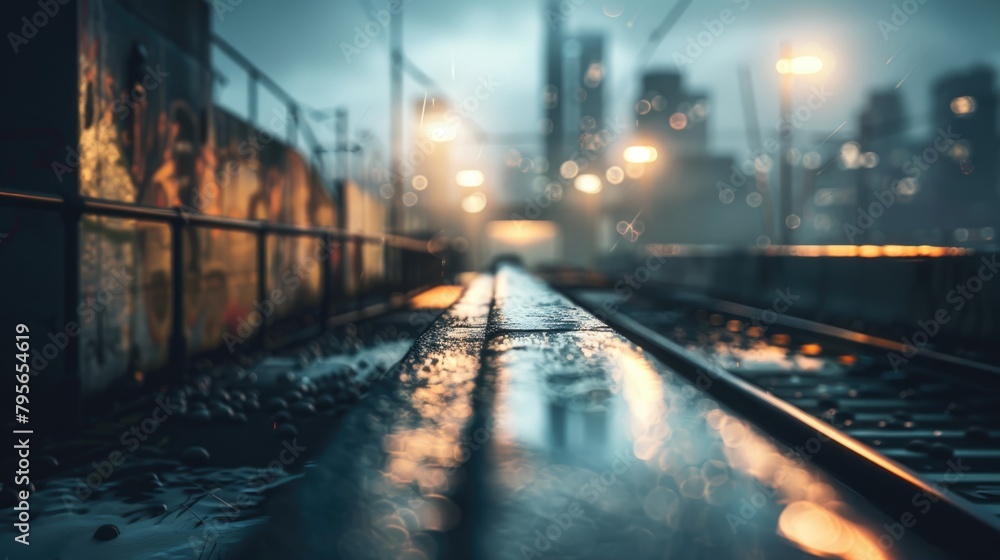 Misty Urban Railway at Twilight with Glowing City Lights
