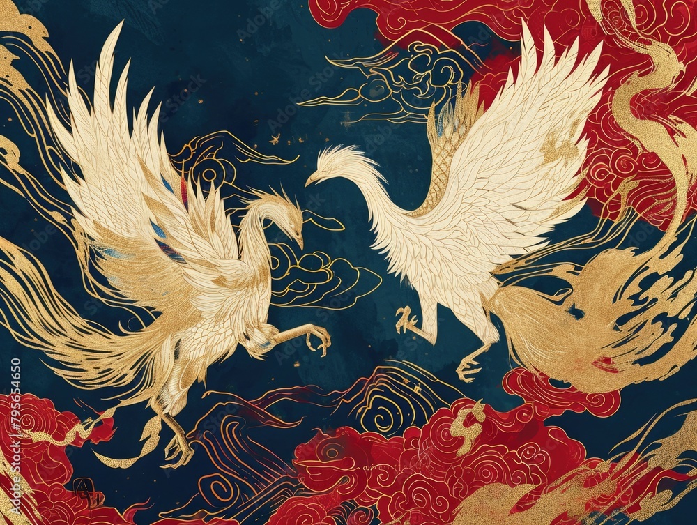 Fototapeta premium The picture of double phoenix that stay at opposite of each other on the red and blue side that the design of the phoenix come from east asian like chinese, korea or japan symbolize longevity. AIGX01.