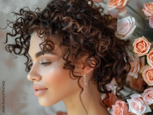 Serene Beauty with Curly Hair Amidst Roses