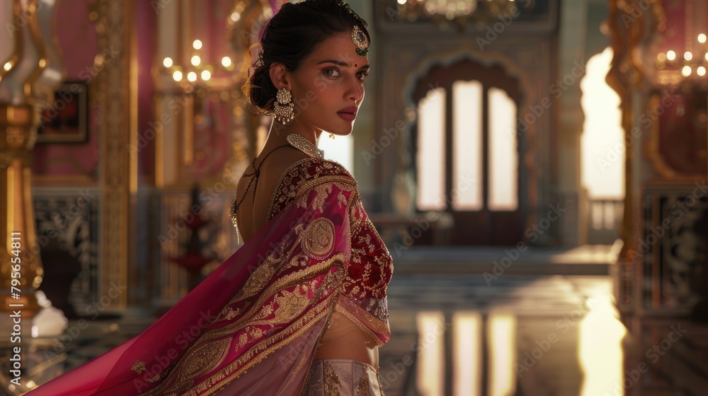 Elegant Indian Bride in Traditional Attire at Luxurious Palace