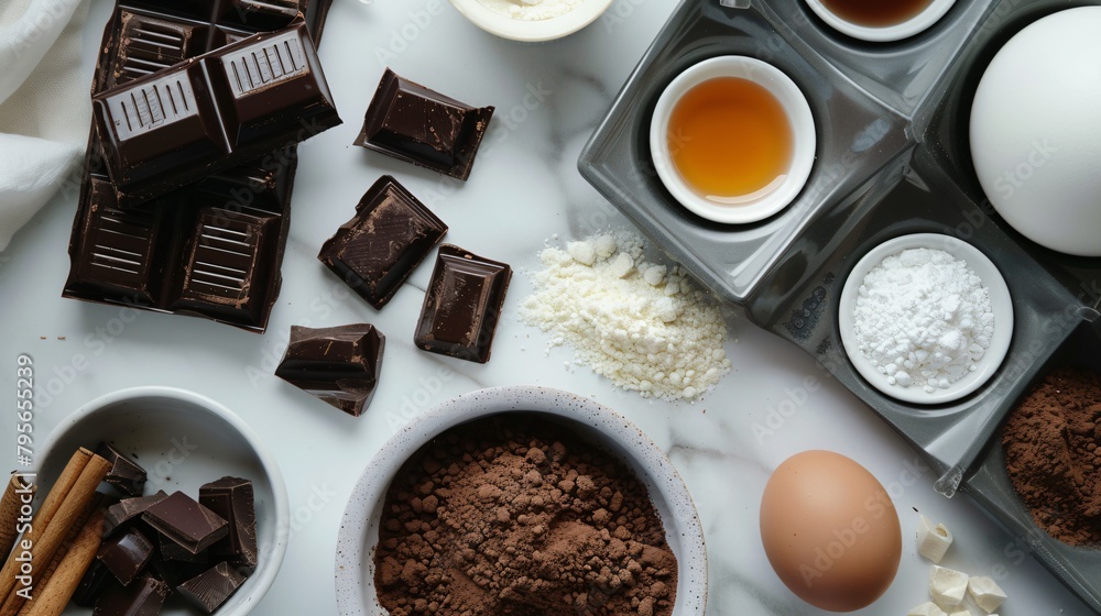 Top view of the ingredients on white background from which a chocolate dessert will be prepared Top view of the ingredients on white background from which a chocolate dessert will be prepared