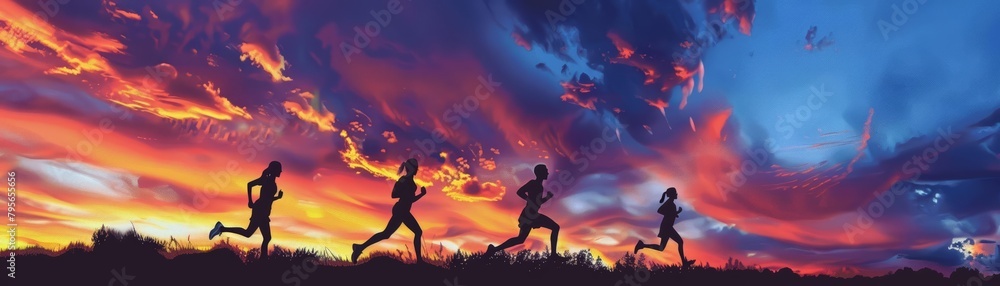 Silhouettes of runners are framed against the colorful sky, their movements fluid and effortless