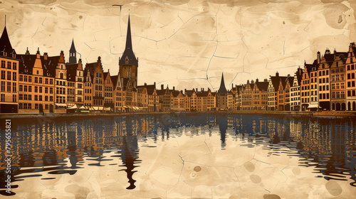 A city with a river running through it. The buildings are old and the water is calm. The scene is peaceful and serene