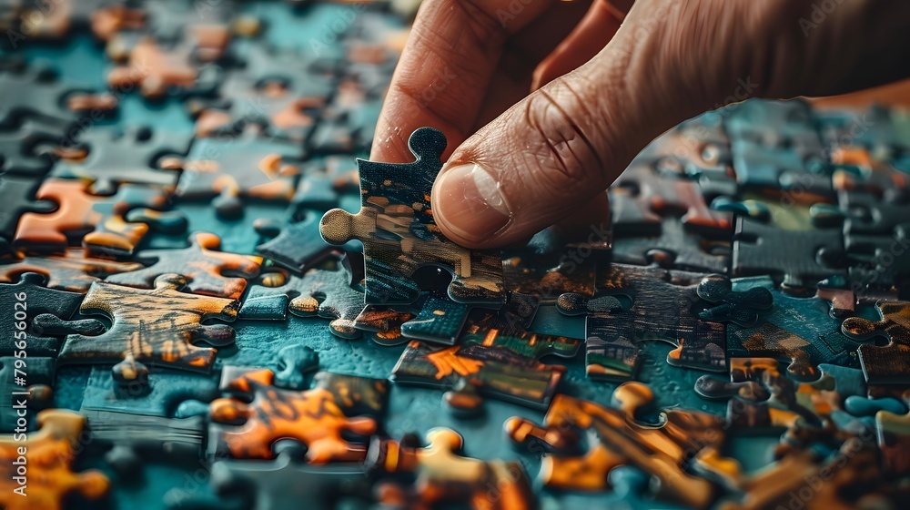 A hand holding a jigsaw puzzle piece, the details of the piece vivid against a simple backdrop A hand holding a jigsaw puzzle piece, the details of the piece vivid against a simple backdrop