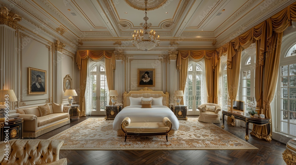 Naklejka premium A bedroom featuring a large bed and a chandelier suspended from the ceiling