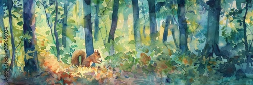 Squirrels tap acorns in sync, crafting rhythms that dance across the forest floor, their movements a playful watercolor scene, bright water color photo