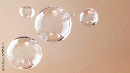 Transparent bubbles with light reflections on a soft peach background. 3D rendering of soap or water bubbles
