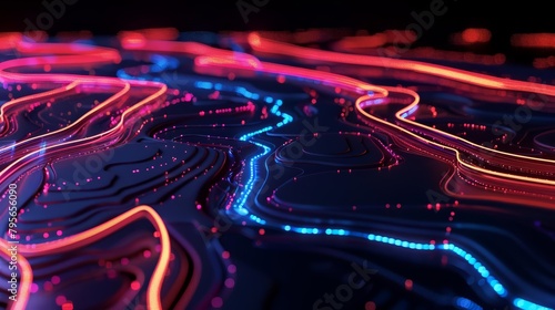 Streams of neon light depict routes, pulsing along highways of information that connect every corner of the digital map, background concept photo