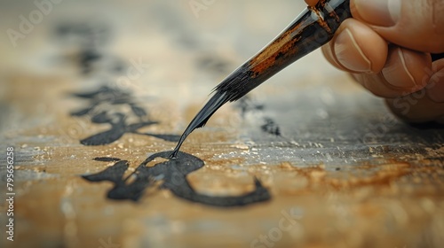 A hand writing calligraphy on parchment, the brush and ink in sharp detail against a minimalist background.