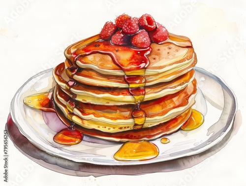 Sunday morning pancakes, each syrupy drizzle a delightful stroke in a watercolor illustration of family traditions, bright water color © JK_kyoto