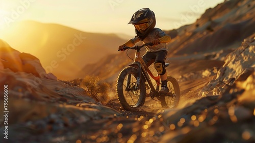 Young Mountain Biker Conquering the Desert Terrain at Sunrise. Generative ai