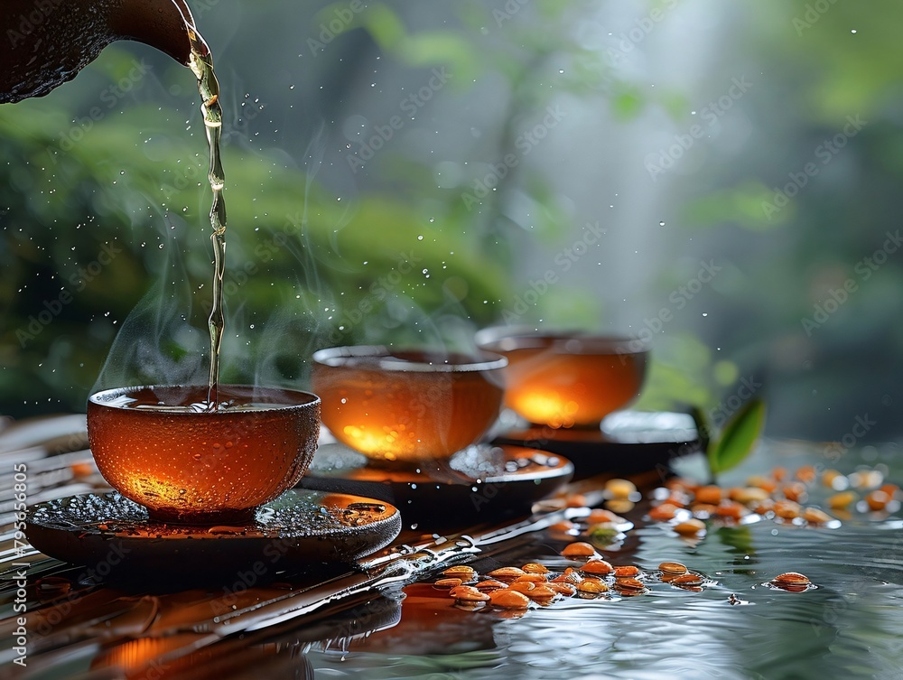 A blue tea set with a teapot and two cups is on a wooden table A blue tea set with a teapot and two cups is on a wooden table