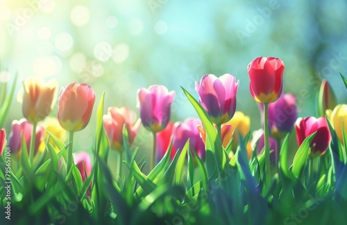  colorful tulips blooming in the sun