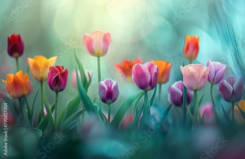  colorful tulips blooming in the sun