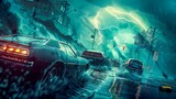 Electric Storm and Flooded Streets in the City. Generative ai
