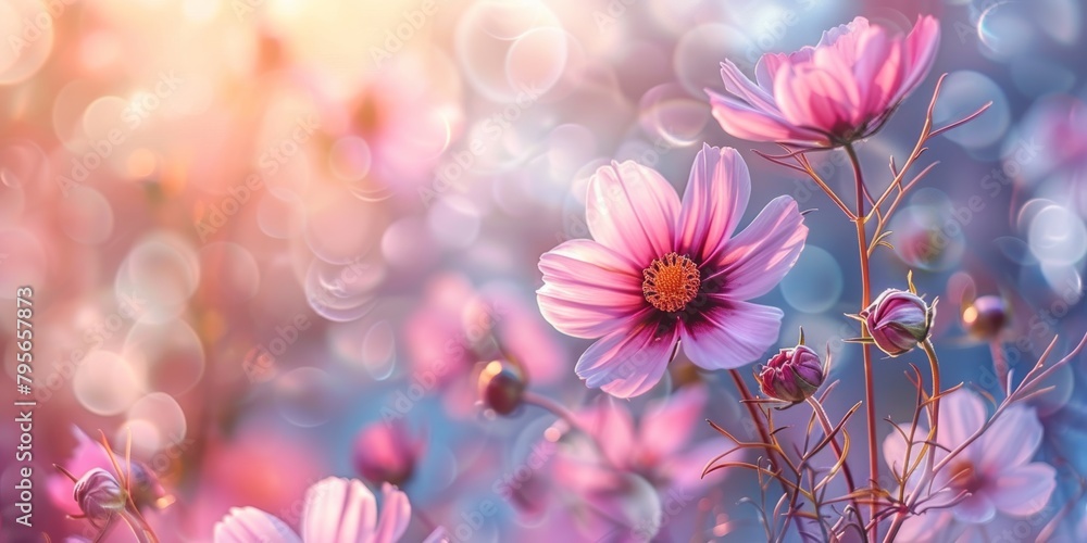 Cosmos flowers with vibrant pink petals and soft bokeh background