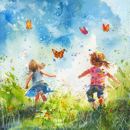 Toddlers chasing butterflies in a sunny meadow, illustrated with whimsical watercolor splashes, full of life and discovery, bright water color photo