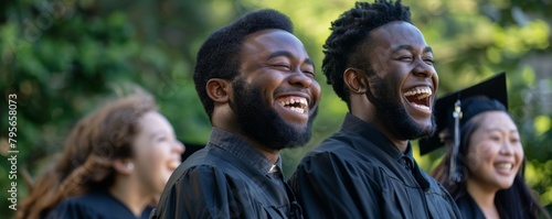 Two happy male graduates in caps and gowns laughing outdoors © ANStudio