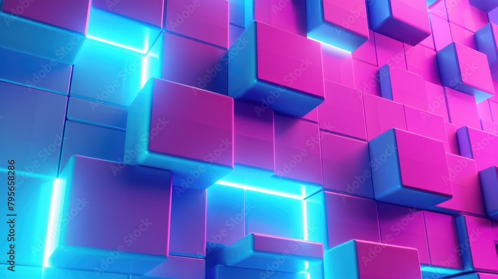 A wall of pink and blue blocks with a blue light shining on them. The blocks are arranged in a way that creates a sense of depth and dimension. The blue light adds a cool, calming effect to the scene A wall of pink and blue blocks with a blue light shining on them. The blocks are arranged in a way that creates a sense of depth and dimension. The blue light adds a cool, calming effect to the scene