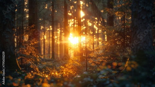 Sun shining through dense woodland