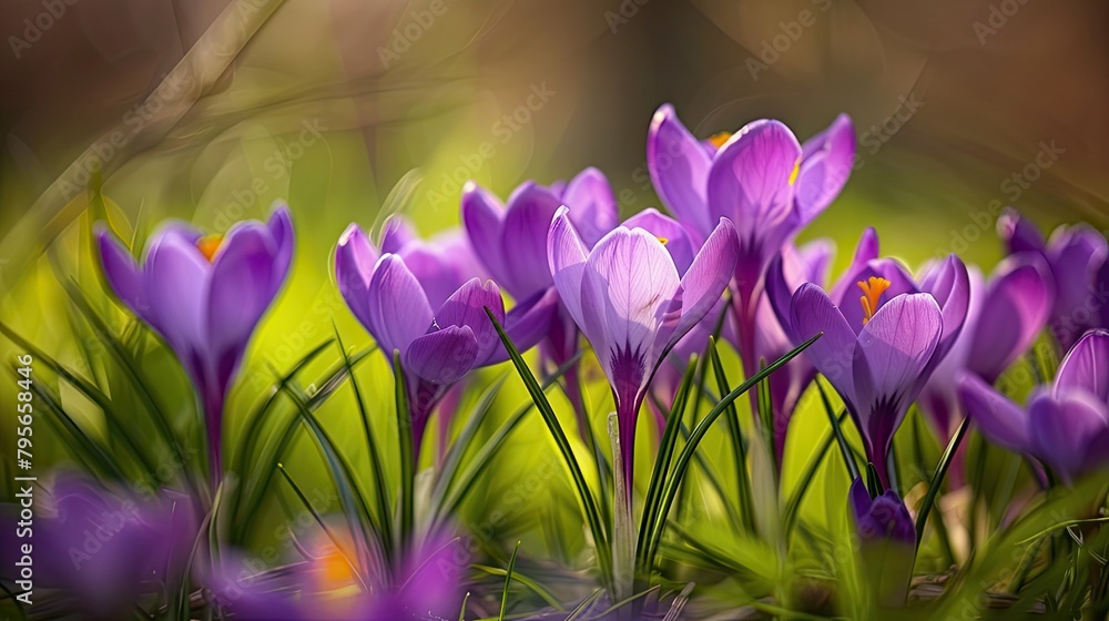 purple crocus flowers in full bloom, radiating a sense of renewal and vitality. purple crocus flowers in full bloom, radiating a sense of renewal and vitality.