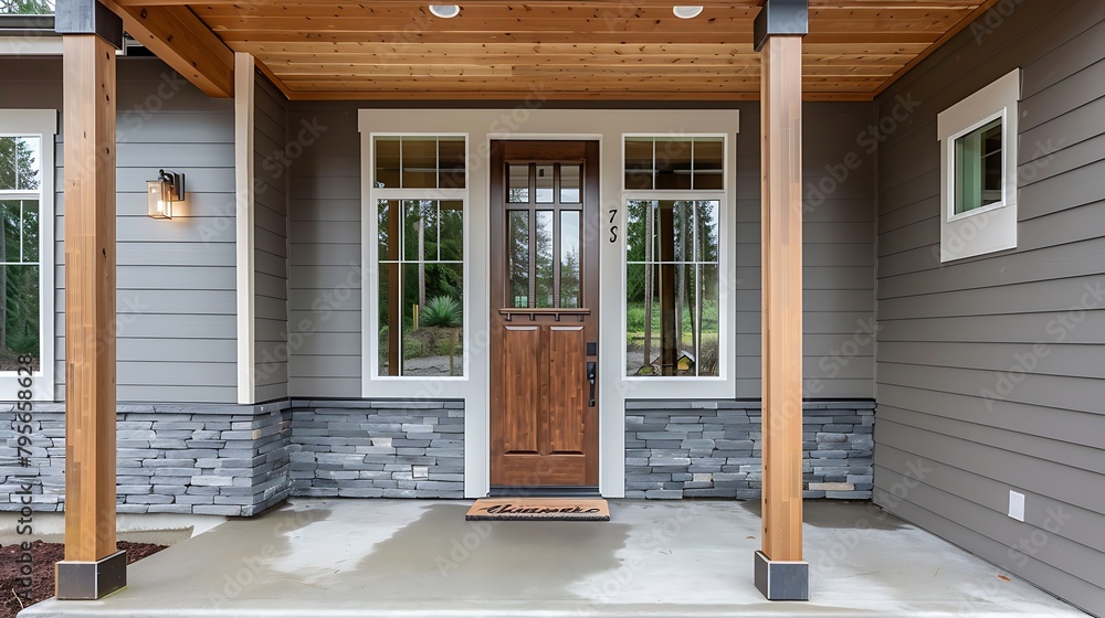 A grey modern farmhouse front door with a covered porch, wood front door with glass window, and grey vinyl and wood siding A grey modern farmhouse front door with a covered porch, wood front door with glass window, and grey vinyl and wood siding