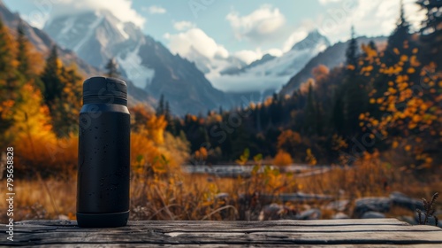 Black insulated bottle on wooden surface with autumnal forest and mountains in the background. photo