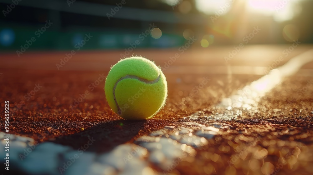 Tennis ball on clay court during golden hour. Close-up shot with lens flare.