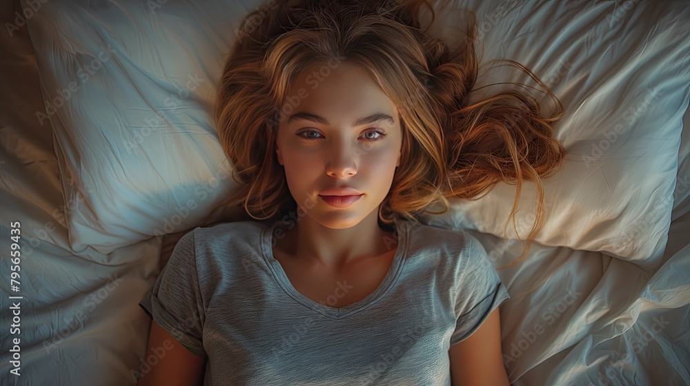 young woman wearing a t-shirt pajama, peacefully sleeping beside her mobile cell phone, in the comfort of her bedroom lounge, evoking the serenity of waking up from a dream in her own room or hotel.
