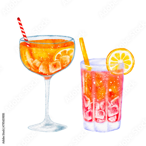 Set of cocktails with orange summer drinks, watercolor cut out from background