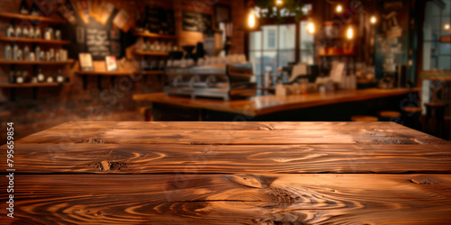 Empty wooden table in front of  blurred  bar background for product display in a coffee shop  local market or bar