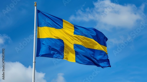 Swedish flag against a clear blue sky. National emblem and identity concept.
